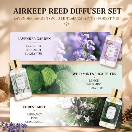Airkeep Reed Diffuser Set, 3 Pack Lavender Garden Wild Mint&Eucalyptus Forest Mist Fragrance Oils for Home, Long Lasting Aroma with Reed Sticks for Bedroom, Bathroom, Living Room & Office