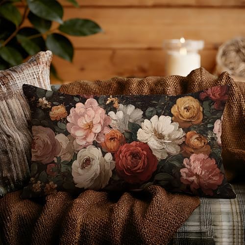 Vintage Moody Dark Floral Throw Pillow Covers 12x20,Rustic Farmhouse Decor,Dark Academia Flower Botanical Decorative Throw Pillow Covers for Home Bedroom Living Room Double-Sided