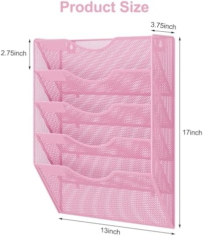 EasyPAG Wall File Organizer 5 Tier Hanging Paper Folder Holder, Zero Assembly Metal Mesh Wall Mounted Mail Organizer for Office Home Classroom Narrow Spaces, Pink