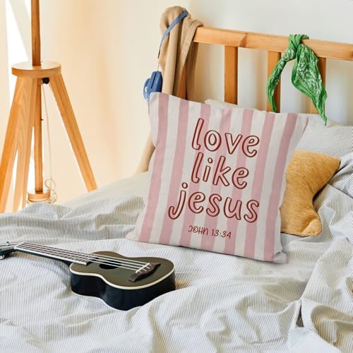 Pink Striped Christian Bible Verse Throw Pillow Cover 18x18, Love Like Jesus Religious Decorative Pillow Covers for Home Bedroom Living Room Couch, Christian Gifts Accent Pillows Cover Pillowcases