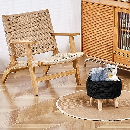 Wimarsbon Small Ottomans, 100% Hand Knitted Pouf Ottoman, Round Footrest with 4 Non-Skid Wood Legs, Boho Décor Cotton Rope Pouffe, Leisure Floor Step Chair for Living Room (Black)