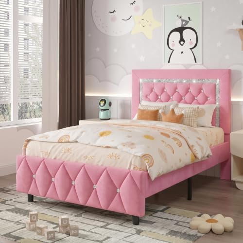 HOMBCK Twin Bed Frame with Headboard, Diamond Tufted Design, Pink