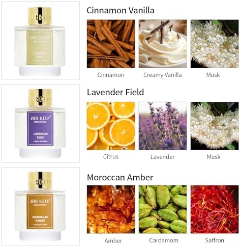 Airkeep Reed Diffuser Set of 3, Cinnamon Vanilla Lavender Field Moroccan Amber Oil Reed Diffusers for Bedroom Living Room Office Aromatherapy Oil Reed Diffuser for Gift 50ml x 3
