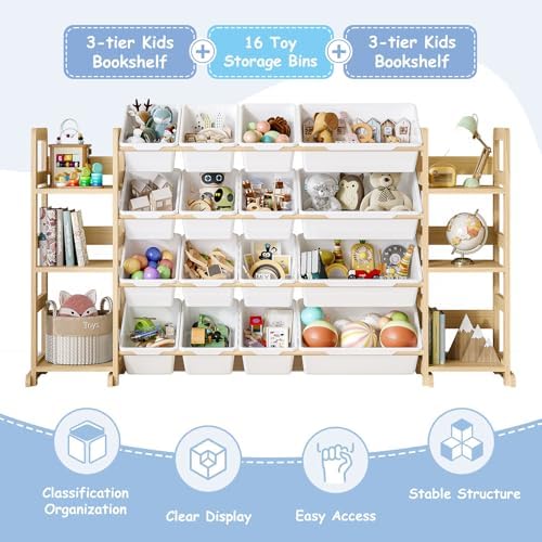 EXPERLAM Extra Large Toy Storage - Toy Storage Organizer, Wooden Toy Organizer with 6 Side Shelves and 16 Bins, 3-in-1 Bookshelf for Kids Rooms, Playroom, Nursery, White