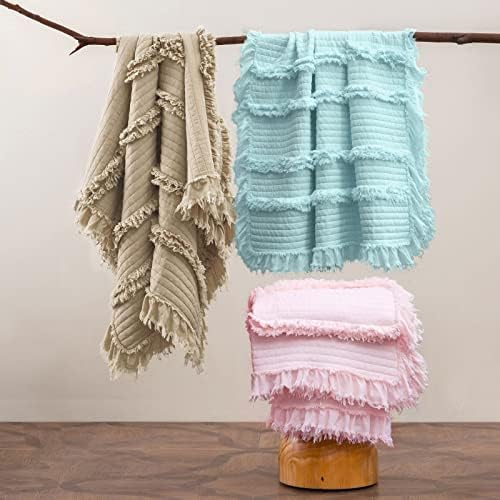 Ultra Soft Pre-Washed Quilted Boho Queen Size Blankets for Bed, Ruffle Fringed Decorative Throw, Stone Washed Chic Rustic Blanket for Sofa Couch Bed, 90"*90"