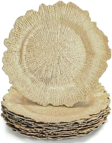 WUWEOT 12 Pack Gold Charger Plates, 12.7" Round Plastic Reef Plate Chargers with Flora Reef Design for Wedding Dinner Party Decoration