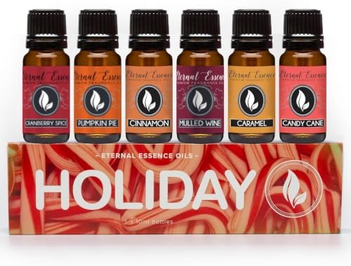 Eternal Essence Oils Holiday Set of 6 Premium Fragrance Oils - Candy Cane, Pumpkin Pie, Caramel, Cranberry Spice, Cinnamon and Mulled Wine - for Diffusers, Soap & Candle Making - 10ML
