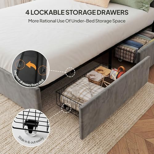 Welzona Full Size Upholstered Bed Frame with Headboard & 4 Drawers, Grey