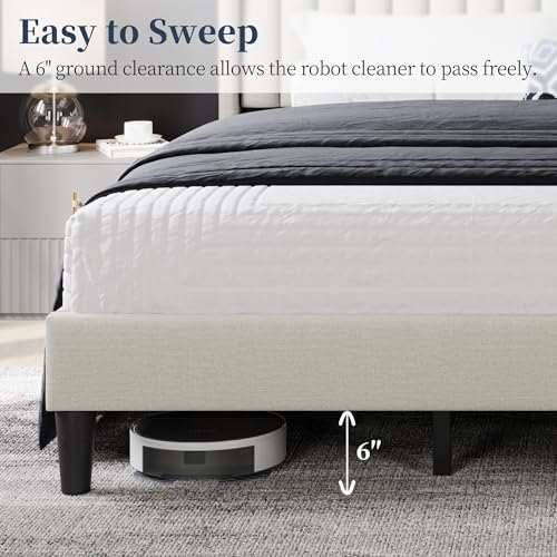 Yaheetech King Bed Frame with Headboard, Ivory Channel-Tufted Platform