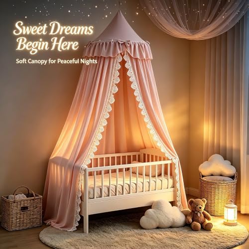 Kertnic Lace & Bow Decor Princess Canopy for Girls Bed, Soft Ruffled Playing Tent Canopy Room Decoration Castle, Reading Nook Canopies in Home (Pink)