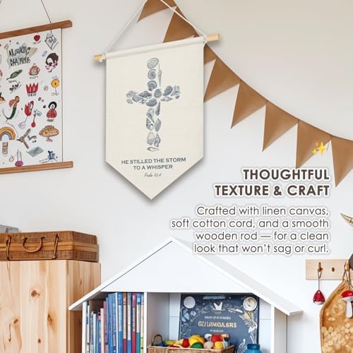 Wheatwin Christian Ocean Nursery Decor, Coastal Seashell Cross Bible Verse Wall Hanging Pennant Flag Banner, Ocean Wall Decor for Kids Nursery Toddler Room Bedroom Playroom 15x11 Inch