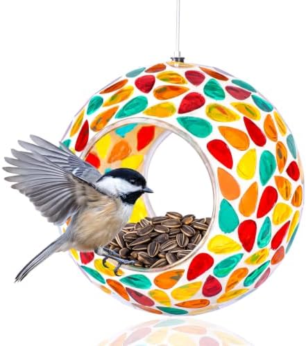 Rancco Colorful Mosaic Glass Bird Feeder for Outdoors, Wild Bird Feeder
