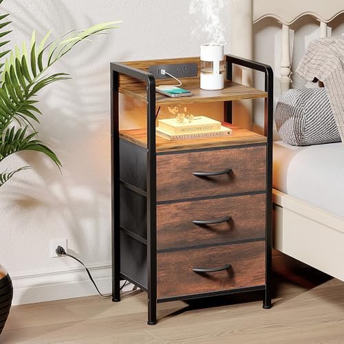 Lazzanto Nightstand with Rear Charging Station, LED Light, 3 Drawers, Brown