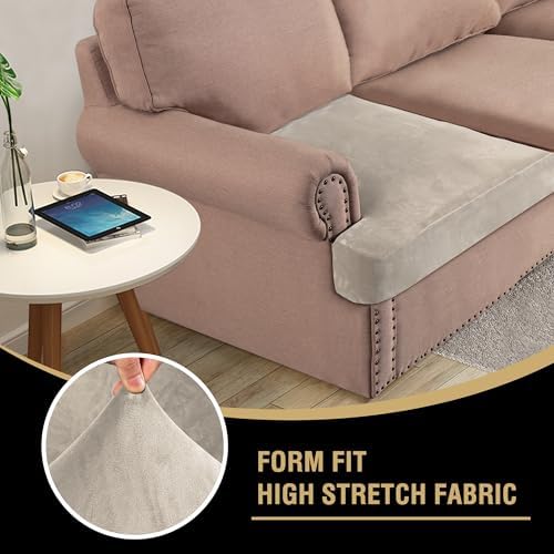 H.VERSAILTEX Stretch Velvet 3 Piece T Cushion Sofa Slipcovers for Living Room Individually Sofa Covers for 3 Seat Cushion Covers Stay with Elastic Bands (Sofa, French Oak)
