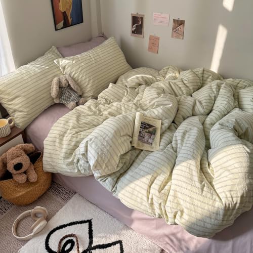 Vintage Striped Duvet Cover Full Size 3Pcs Washed Cotton Retro Bedding Set
