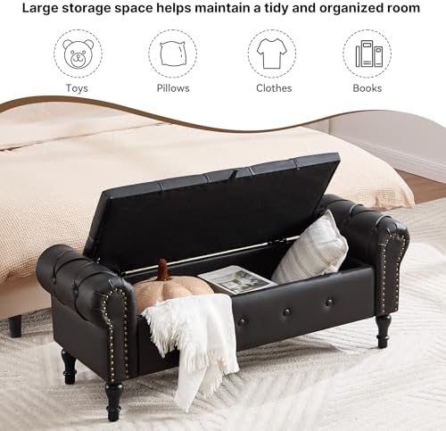 Storage Bench 51" Faux Leather End of Bed Benches Obsidian Black