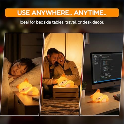 Fox Night Light for Kids Ages 3+, Squishy Silicone Fox Lamp with 20-Minute Timer, Rechargeable Animal Nightlight with 2 Brightness Levels