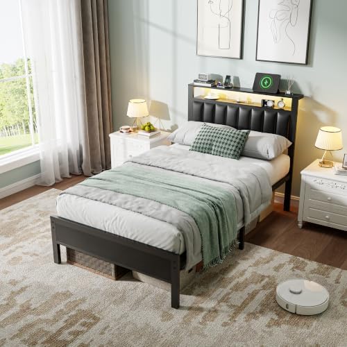 Furnulem Black Twin Bed Frames with PU Upholstered Headboard & LED Lights