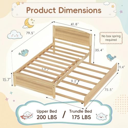Daybed with Trundle, Twin Size Pull Out Bed, Solid Wood Extendable Day Bed with Trundle, Include Slat Support (Natural, Trundle)