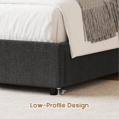 REVOMINCA Full Size Bed Frame, Upholstered Platform Bed with Headboard, Boucle Bed Frame with Round Corner, No Box Spring Required, Easy Assembly, Dark Grey
