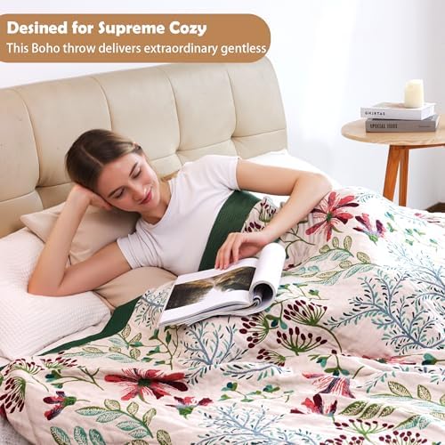 VANJOROY Boho Throw Blanket, 100% Organic Cotton Breathable Ultra Soft 80" x 90" Bed Quilt Throw - All Season Floral Rustic Farmhouse Decor Luxury Reversible Blanket for Sofa Couch Chair and Gift