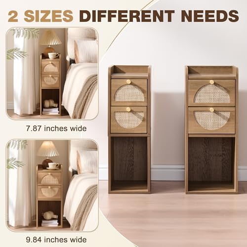Narrow Nightstand Set of 2 (Rattan & Wood) - Small Bedside Table with 2 Drawers, Open Shelf, Mid Century Modern End Table - for Bedroom, Living Room & Small Spaces, Rustic Oak Rattan