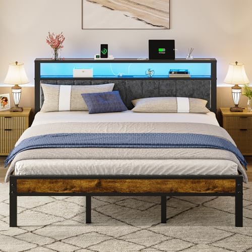 Liians King Size Bed Frame with LED Lights, Upholstered Headboard