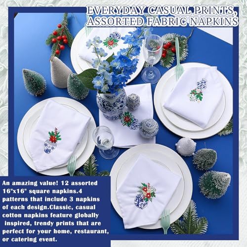 HunnmingRe 12 Pcs Christmas Blue and White Cloth Napkins, 17x17 Inch