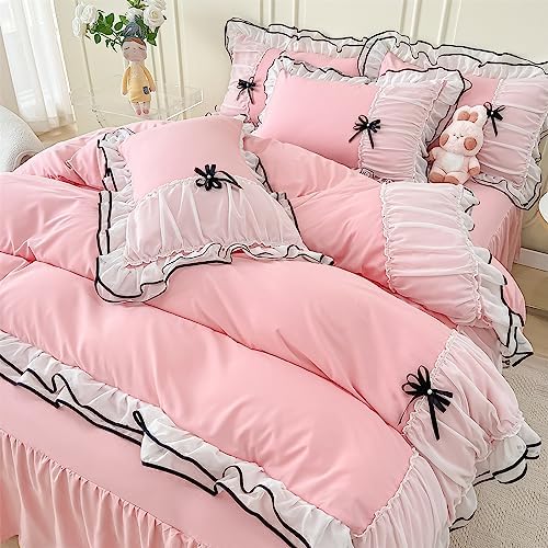 IHOUSTRIY Kid's Duvet Cover Twin Size, Ruffle Beddding Set with Bowtie, 2 Pieces Comforter Cover Set with Zipper Closure, Girl Bedding with Pillowcase - Pink, Twin