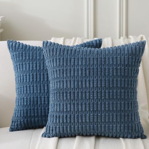2 Pack Corduroy Decorative Throw Pillow with Inserts, 20x20 Inch Soft Boho Throw Pillow, Square Striped Throw Pillows for Couch, Bed, Sofa Decor (Blue)