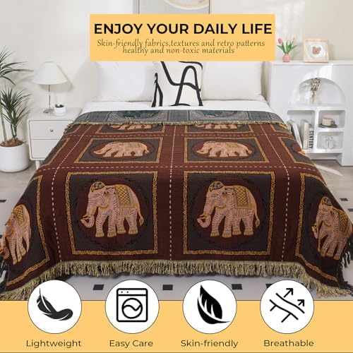 Elephant Pattern Cotton Boho Throw Blanket for Bed with Tassels 80"×90"