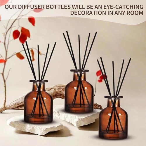4 Pack Perfume Reed Diffuser Bottle,Empty Big Belly Aromatherapy Essential Oil Bottles Glass Jar with Black Sticks for DIY Fragrance Replacement Diffuser Sets (150ml/ 5 oz, Dark Brown Color)