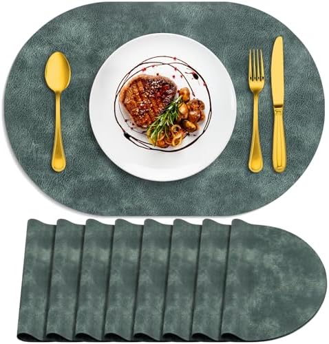 ADRIMER Oval Placemats Set of 8, Wipeable Faux Leather, Blue & Green