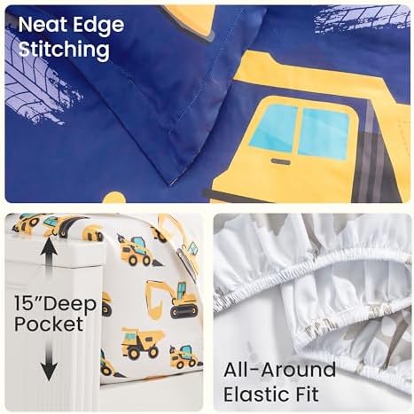 Joiedomi Kids Comforter Set Bedding Set for Boys Girls Super Soft Microfiber Bed in a Bag with Comforter Sheets Pillowcase Sham, Dark Blue Construction Vehicle, Twin