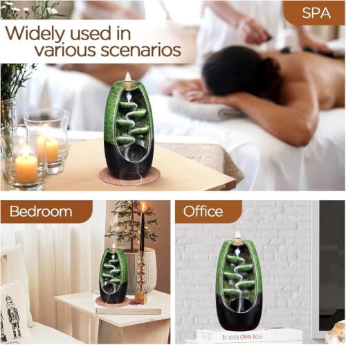 SPACEKEEPER Ceramic Backflow Incense Holder Waterfall Incense Burner, Green