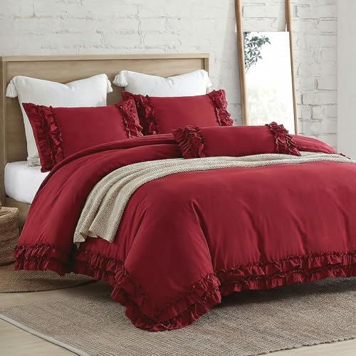 Burgundy Duvet Cover Queen Size Ruffled Bedding Set Vintage Lace Ruffle Elegant Bedroom Decor Shabby Chic Farmhouse Style Boho Chic Duvet Cover Set for All Season