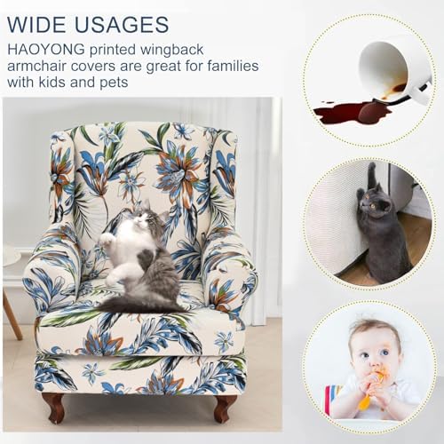HAOYONG Wing Chair Slipcovers Stretch Wingback Chair Covers Printed 2 Pieces Wingback Armchair Slipcover Elastic Chair Slip Covers Washable Armchair Protector Cover for Living Room and Bedroom