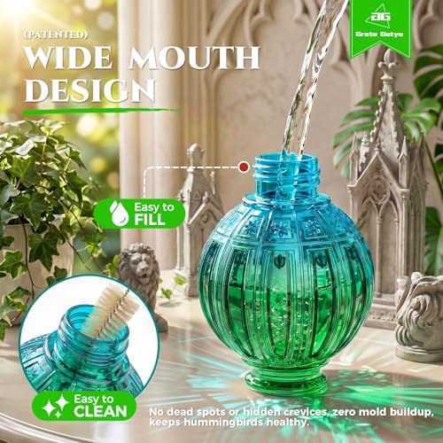 Glass Hummingbird Feeder for Outdoors Hanging, Bird Nectar Feeder with Perch & 5 Flower Feeding Ports, 26 Oz Leak Proof for Outside Garden Decor Backyard, Gifts for Women Mom, Green & Blue