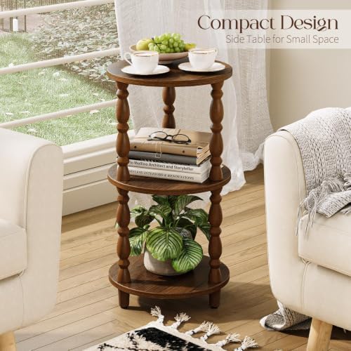 Yoobure Small Round Side Table - 3-Tier End Table with Storage Shelf, Narrow Bedside Table Nightstand for Bedroom, Accent End Tables Living Room, Wood Side Tables for Small Spaces, Office, Walnut