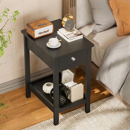 SEJOV Narrow Side Table, Small Black End Table with Drawer & Storage Shelve