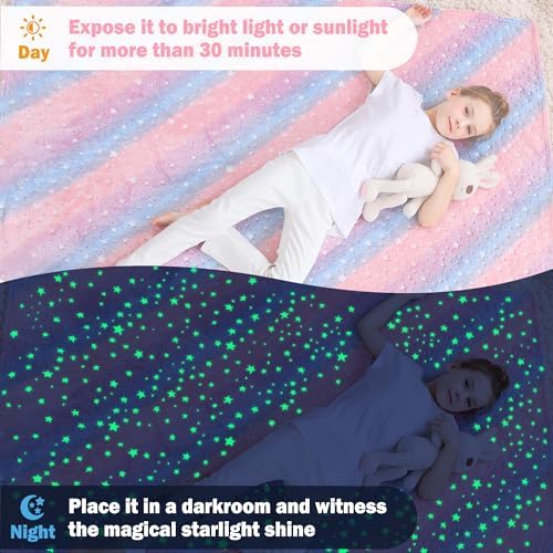 Softan Kids Stars Throw Blanket Glow in The Dark, Kids Blanket Gifts for Girls & Boys, Soft Cozy Flannel Luminous Stars Blanket for Sofa Couch Bed, Christmas Birthday Gift Toddler, 50x60IN