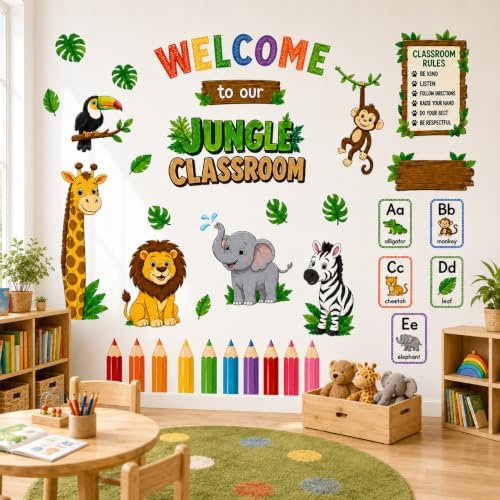Welcome Animal Wall Stickers PVC Jungle Animal Wall Decals Tiger Elephant Giraffe Lion Monkey Wall Decor for Nursery Playroom Bedroom Classroom Kindergarten