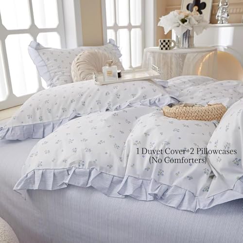 Blue Floral Duvet Cover Twin 100% Cotton with Ruffle, Teen Girls Flower Comforter Cover with Zipper Closure, 3 Pcs Romantic Aesthetic Bedding Sets 68"x86"