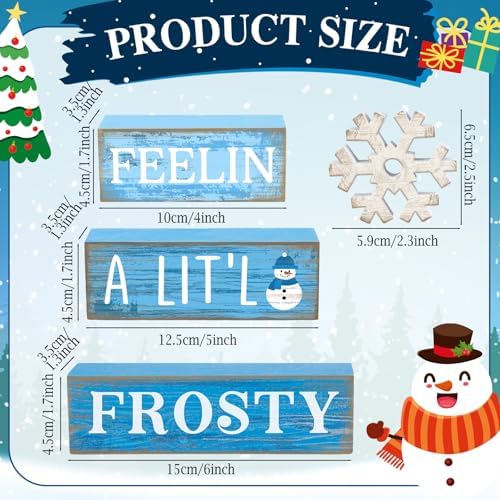 Yuntau 4 Pcs Winter Tiered Tray Decor Christmas Snowflake Wooden Block Sign