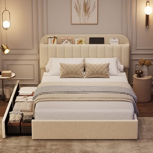 GarveeHome Full Bed Frame, Platform Bed with Storage Headboard & Drawers