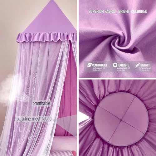 Kertnic Princess Bed Canopy for Girls, Double Layer Round Bed Mosquito Net, 31.5" Large Dome Indoor Castle Bed Tent, Sleeping & Reading Nook Curtain for Boys Girls (Purple)