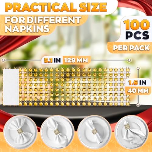 Gold Napkin Rings Bulk Set of 100, Rhinestone Holders for Weddings