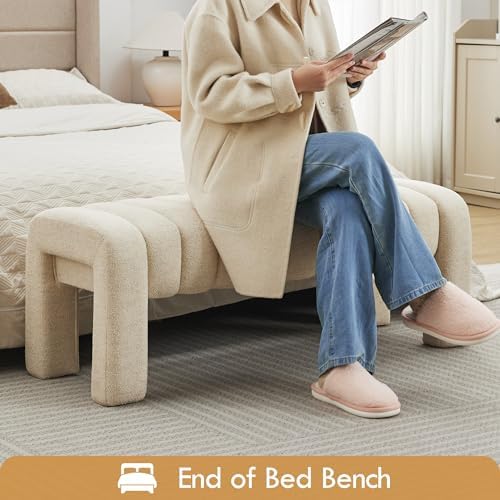 43.3" End of Bed Bench, Upholstered Linen Bench, Beige