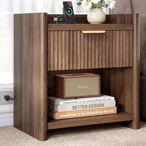 25.9" Fluted Nightstand with Charging Station, Large Modern Bedside Table with Storage Drawer and Metal Handle,End Table for Bedroom, Home Office(1 Pack, Dark Walnut)
