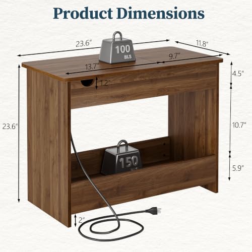 TIQLAB Flip Top End Table with Hidden Charging Station, 23 inch Side Table with Rounded Corner Design, Narrow Nightstand with Wood Shelf, Bedside Table for Living Room Bedroom, Walnut